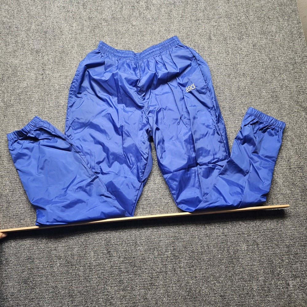 Asics Vintage Blue Nylon Windbreaker Track Pants Mens Small Elastic Joggers